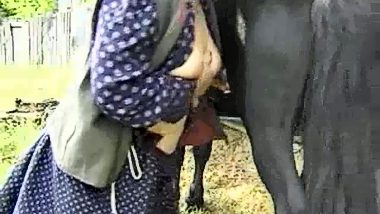Milkmaid is trying to excite a horse with her boobs